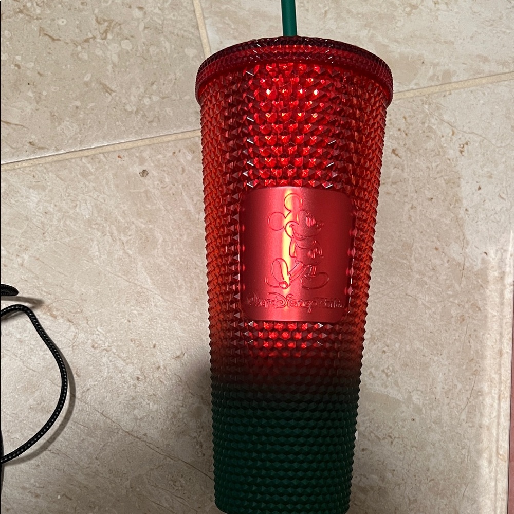 STARBUCKS DISNEY CHRISTMAS WALT DISNEY WORLD Red and Green Tumbler with Straw